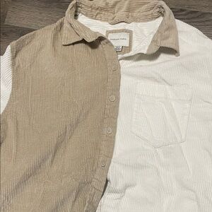 American Eagle Outfitters Two-Tone Corduroy Button-Up Shirt in Beige and White